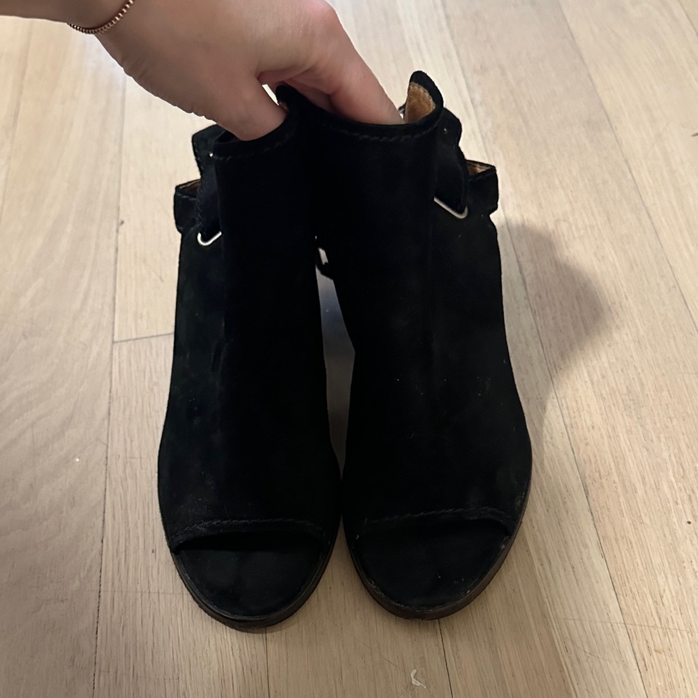Suede Frye open toe black heels
